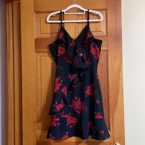 Grace Karin Black and Red Floral Ruffle Dress, Size Large